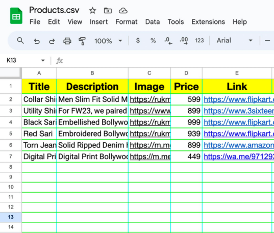 product csv sheet